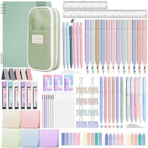 YIBONIKA 80 PCS Aesthetic Stationery Supplies with Green Pencil Case & Notebook, 12 Pastel Highlighters, 6 Colour Pens, 5 Black Pens, 6 Mechanical Pencils, Stationery Set for School Office