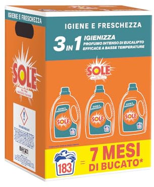 Sole Detersivo Lavatrice Igiene e Freschezza 183 Lavaggi, Formula igienizzante, Detersivo Lavatrice Liquido Igiene e Freschezza, rimuove le macchie a basse temperature