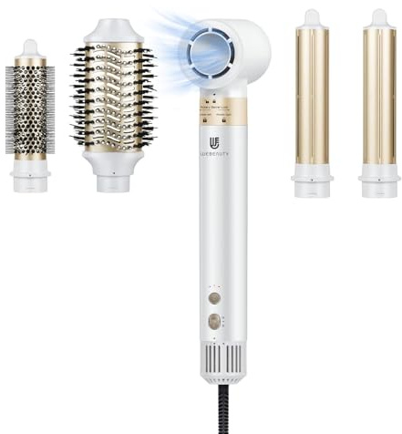 webeauty 5in1 Hairstyler, 110,000U/Min, 20M/S Föhn, 200 Millionen Negative Ionen Haartrockner mit Volumen Warmluftbürste, Rundföhnbürste, Air Lockenstäbe, Weiß