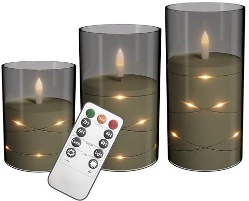 XMTECH LED-ljusset med 3 – flamlösa äkta vaxljus Ø 7,5 x 10/12,5/15 cm med fjärrkontroll, timer och LED-ljustråd – batteridrivet, flimrande, dekoration för inomhus- och utomhusbruk – mattgrå