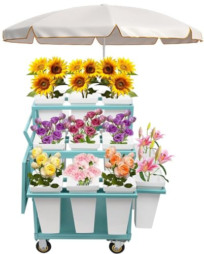 Carrito de exhibición de flores plegable para exteriores con 18 cubos resistentes, perfecto para bodas, expositores de plantas y eventos de jardín, soporte de presentación floral portátil