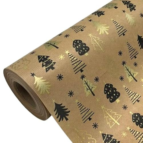 Papel de regalo kraft en rollo de 62CM x 100M para Navidad con diseño de pinos. Ideal para: Comercios, Papá Noel, Reyes Magos y Navidad. (PINOS)