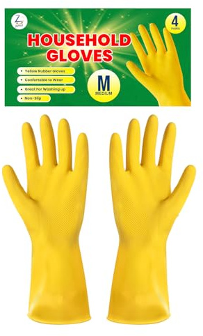 ZOPPER Household Cleaning Gloves Medium 4 Pairs - Kitchen & Dishwashing Gloves with Non-Slip Grip, Waterproof Durable Gloves for Bathroom, Household Cleaning Tasks, Yellow Rubber