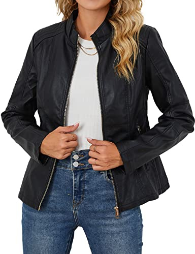 Bellivera Faux Leather Jackets for Womens Motorcycle Spring Clothing Coat 37 Black S