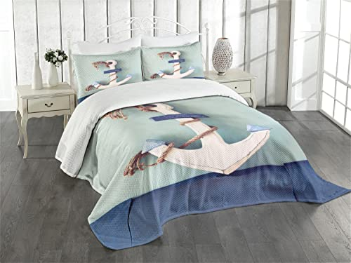 ABAKUHAUS Anker Tagesdecke Set, Anker und Seil-Motiv, Set mit Kissenbezug farbfester Digitaldruck, für Einzelbetten 170 x 220 cm, Hellgrün Blau