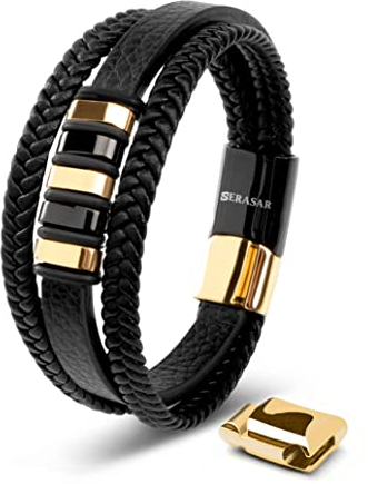 SERASAR Armkette Herren 23cm Schwarz Gold Männer Armband Leder Armreif Herrenarmreif Armschmuck Schmuck Herrenschmuck Flecht Wickelarmband Armbändchen Men Leather Bracelet