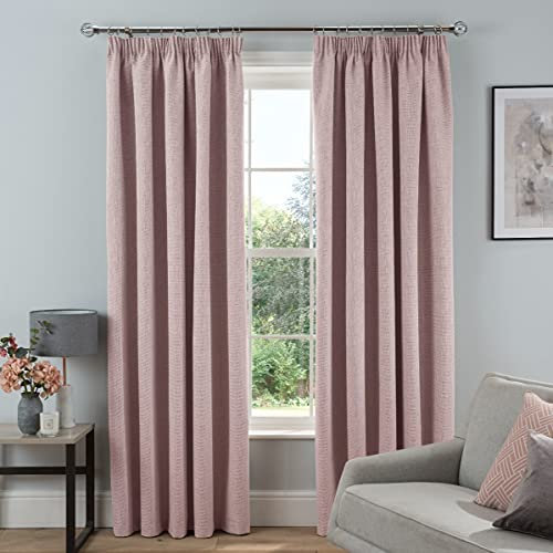 Sleepdown Textured Rib Weave Pencil Pleat Blackout Lined Curtains Thermal Insulated for Bedroom and Living Room, Blush, 2 Panels, 2 x 90 x 72