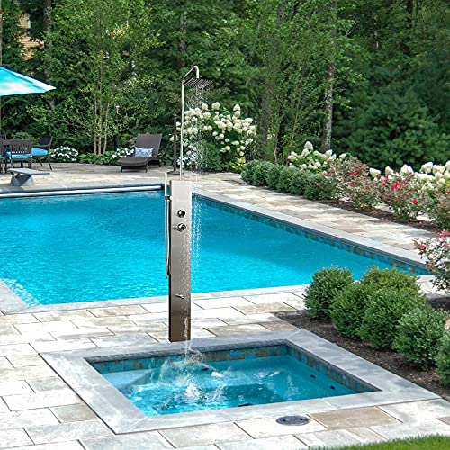 Elbe®Douche de Jardin sans Plaque de Base en WPC, avec mitigeur, en Acier Inoxydable 304 brossé, avec Douche de tête, Douche de Pied et Douche à Main pour Jardin et Piscine