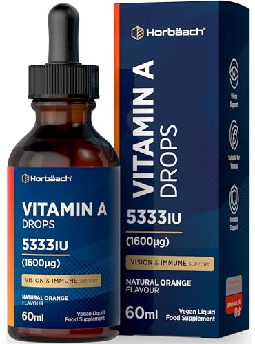 Vitamin A Drops 5333IU | 60 mL | High Strength Vitamin A as Retinol Palmitate | Vegan Liquid Oral Supplement for Adults | Orange Flavour | by Horbaach