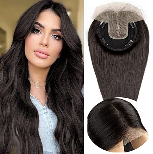 Originea Echthaar Topper Für Frauen Dünner Werdendes Haar 150% Dichte Clip in Topper Echthaar Extensions 14x15cm Mono Basis Handgefertigt Toupet mit Spitzenfront 30cm-70g #1B Natürliches Schwarz
