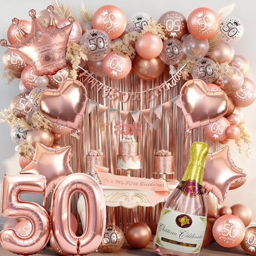 Decorazione per il 50° compleanno in oro rosa, striscione con bandiera triangolare 50, tende in lamina