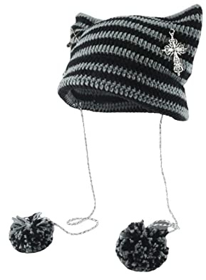 Grunge Bonnets tricotés au crochet pour femmes filles renard oreilles de chat gothique Emo Alt Y2K Accessoires Grunge Vêtements Noir, Noir , Taille unique