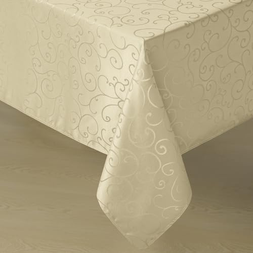 Romanstile Jacquard Rectangle Tablecloth, 60 x 84 Inch, Beige | Waterproof Elegant Damask Curly Floral Pattern Table Cloth Decorative Heavyweight Fabric for Kitchen, Dining, Parties Use