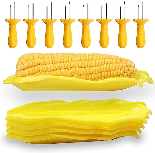 Juego de 12 soportes para mazorcas de maíz, incluye 8 soportes de maíz para mazorca de maíz de acero inoxidable con 4 bandejas de maíz para barbacoa, carne asada, fruta