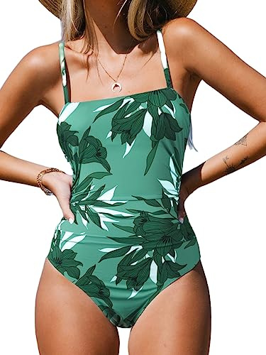 CUPSHE Women Swimsuit One Piece Square Neck Cutout Back Swimming Costume Tummy Control with Adjustable Spaghetti Straps Bathing Suit Swimwear Green Leaf S
