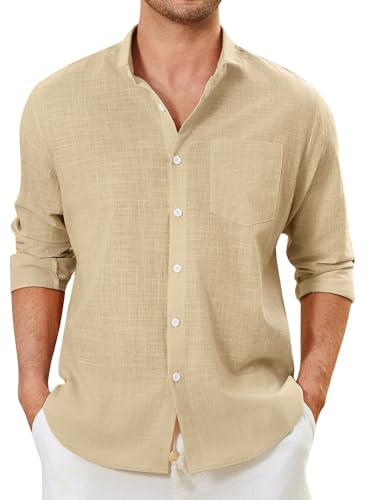 Enlision Chemise Beige Homme en Lin Manches Longues Chemises Jaune Clair Été Coton Henley Shirts de Couleur Unie Leger Ample Casual de Plage L