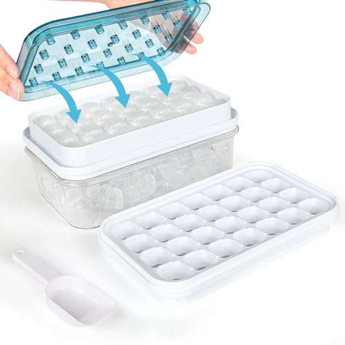 Eiswürfelbehälter mit Deckel und Behälter: 56-Stück Eiswürfel einfaches Drücken um das Eis zu lösen Kühlen von Cocktail Whiskey Kaffee 2 Ebenen 1Eiskübel und Schaufel Messbecher (Blau)