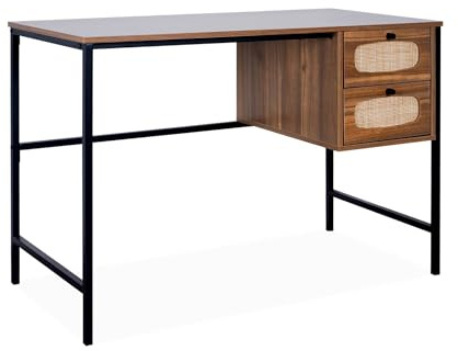 sweeek - Bureau rétro décor Bois et cannage avec piètement et poignées en métal Noir