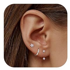 JeweBella 3Pares Pendientes Mujer Plata de Ley 925 Chapada en Oro de 14K Pendientes Pequeños Circonita Pendientes Aro Juego para Múltiples Piercings