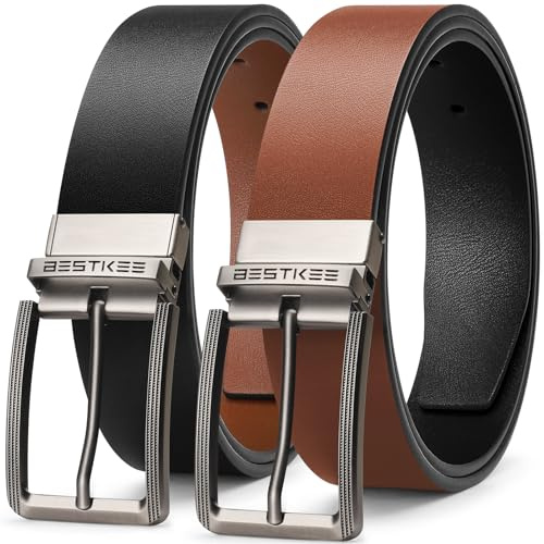 BESTKEE Cinturones Hombre, Cinturón Reversible de Cuero 35mm, Cinturones para Hombres con Hebilla Giratoria, Ideal para Trajes, Jeans, Trabajo Casual y de Negocios