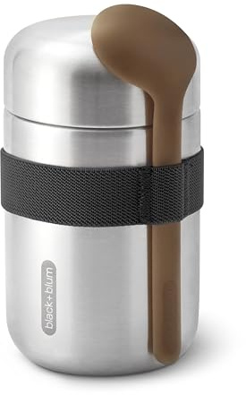 BLACK + BLUM Food Flask Thermobecher 400 ml | Schwarz | Thermobehälter Essen hält 6h heiß & 8h kalt | Auslaufsicher & Vakuumisoliert | mit Löffel aus Holzfasern | Lunchbox Thermo aus Edelstahl