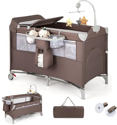 LIFEZEAL Lettino da Campeggio, Lettino per Bambini 0-3 Anni, Culla da Viaggio, Box, Co-sleeping, con Materasso, Fasciatoio, Giostrina, Ruote, Borsa, Pieghevole, Portatile, 125x65x119 cm (marrone)