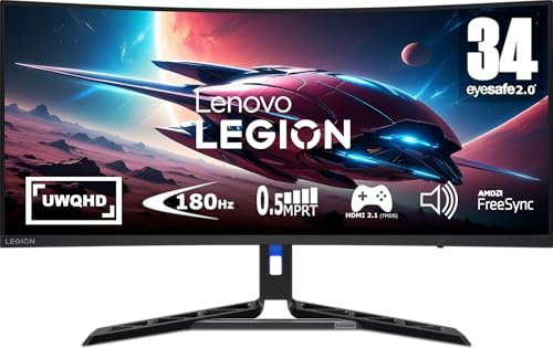 Lenovo Legion R34w-30 | 34 UWQHD Curved Gaming Monitor | 3440x1440 | 180Hz | 350 nits | 0,5ms Reaktionszeit | VA-Panel | HDMI | DisplayPort | AMD FreeSync Premium | entspiegelt | 8,1kg | schwarz