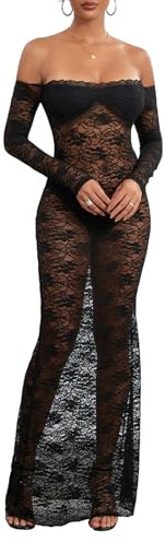 CocMouse - Abito da donna vintage anni 2000, in pizzo, a maniche lunghe, con spalline, in rete trasparente, aderente, per club, lungo