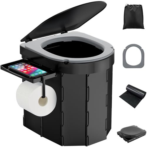 WADEO Tragbare Campingtoilette mit Deckel und bequemem Sitzkissen, Belastbarkeit bis zu 200kg, Mobiltoilette Falttoilette mit Beuteln, Papier- und Handyhalter, ideal für Camping Wandern Reisen Angeln