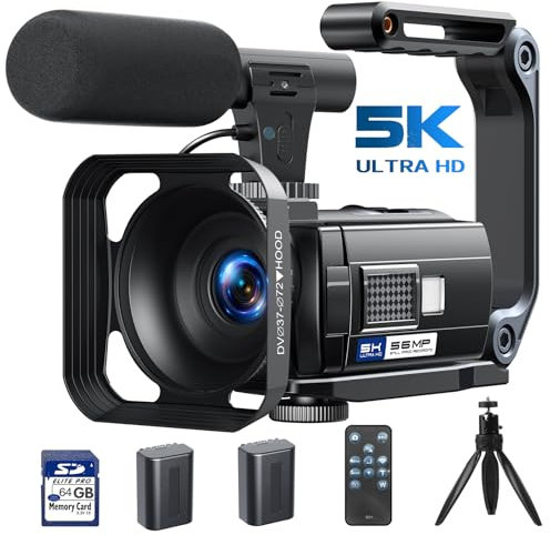 Videokamera 5K, 56MP Camcorder Vlogging Kamera für YouTube, WiFi Nachtsicht 3 270° drehbarer Touchscreen Webcam Camcorder, Video Camera mit 64GB Karte, Fernbedienung, Mikrofon, 2 Batterien, Stativ
