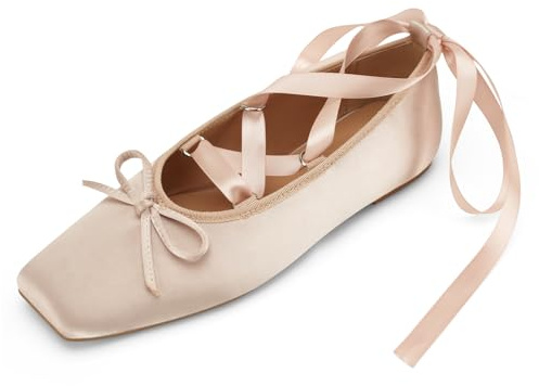 Perisis Women's Satin Ballet Flats Light Pink Bow Ballerina Slippers Lace Up Flat Shoes Strappy Mary Janes