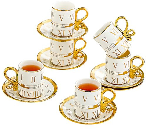 Service à Thé en Porcelaine pour 6 Personnes, Style Européen Vintage avec Bords Dorés et Chiffres Romains, Tasses à Thé et Soucoupes, Ensemble de Tasses à Café Élégant