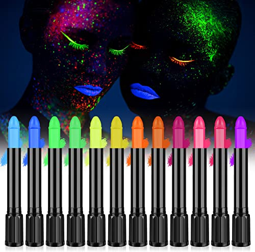 AOOWU Peinture Fluorescents UV, 12 Crayons De Peinture UV Néon Pour Le Visage Et Le Corps, Lavables Non Toxiques Bâton de Peinture au Néon UV, Pour Festival, Mardi Gras, Halloween, Maquillage