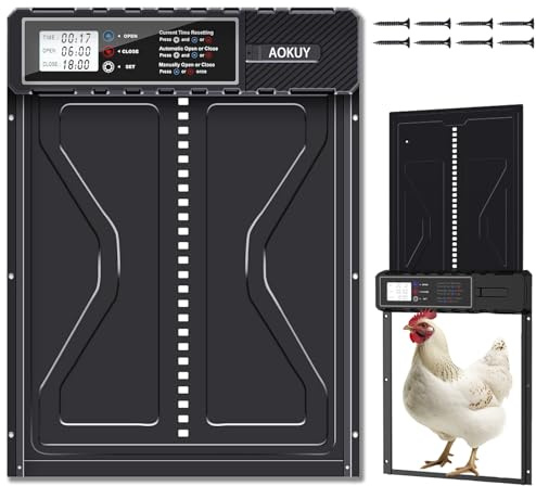Abridor automático de Puertas para gallineros AOKUY con Temporizador. Fabricado en Aluminio Resistente a la Intemperie, Apto para avicultura. Fácil de Instalar y Evita Depredadores.