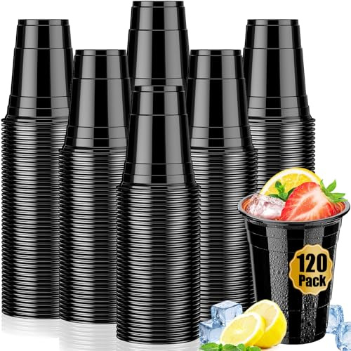 120 Pack 16 oz Black Cups, Heavy Duty Black Plastic Cups for Party, Cold Drinks, BBQ, Black Disposable Cups for Christmas, Halloween, Wedding, Birthday, Picnic, Serving and Celebrations