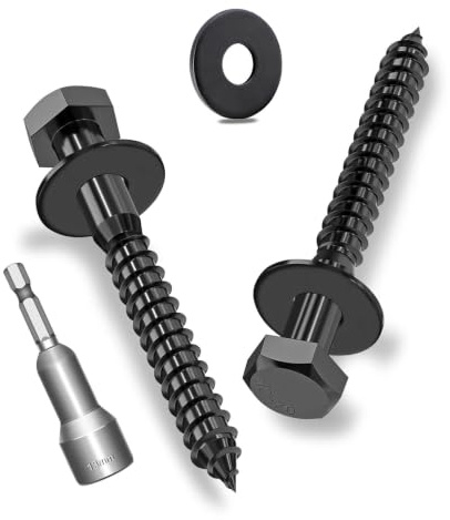 Ecitruz 12 stycken M8 x 70 mm sexkantiga träskruvar med brickor, sexkantskruvar svart rostfritt stål A2V2-DIN571, nyckelskruv med brickor och hylsnyckel