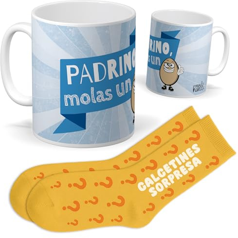 Set para Padrino | Taza padrino mola un huevo + Calcetines Sorpresa | Regalo Original y Divertido para Hombre | Pensado para Cumpleaños, Navidad, Bautizos, Familiares y Celebraciones Especiales