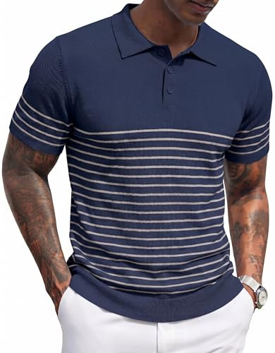 COOFANDY Polo de Manga Corta para Hombre de Punto a Rayas con Botones Polo Camisas de Golf