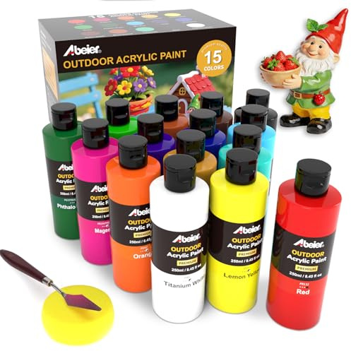 ABEIER Outdoor Acrylfarben Set, 15 Acrylfarben wasserfest für Außen, 250 ml große Flaschen, lichtechte Farben für Anfänger, Erwachsene und Künstler an Holz, Steine, Wände, Bastelarbeiten und Statuen