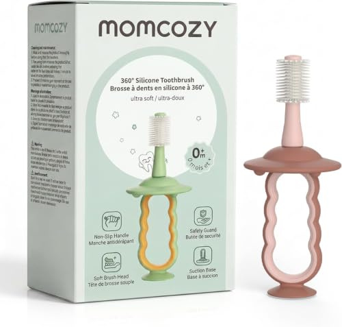 Momcozy babytandborste, 360° tandborste för spädbarn, ultramjuk småbarn tandborste med sugfot, baby munrengöring, spädbarn tungrengörare, rosa