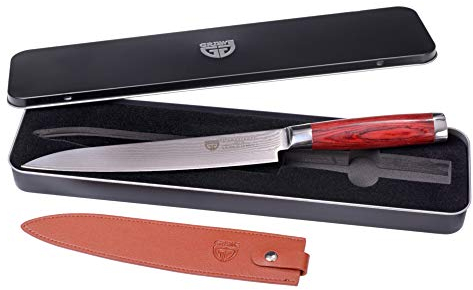 GRÄWE Coltello damasco in acciaio damasco, coltello per sashimi/filetto, lama da 21 cm, affilato, coltello santoku con manico in legno, coltello da cucina damasco in scatola regalo