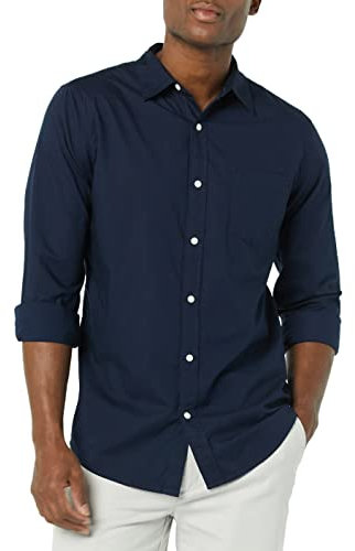 Amazon Essentials Herren Langärmeliges Hemd Aus Stretch-Popeline Mit Schlanker Passform, Marineblau, XL