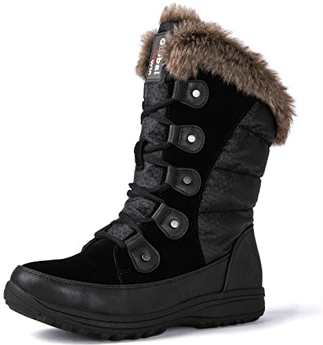 GLOBALWIN Women's Snow Boots Waterproof Mid-Calf Black Winter Boots For Women With Warm Fleece Lining, Stylish Fur Boots For Women With Non-Slip Sole And Quilted Comfortable Boots Size 9M