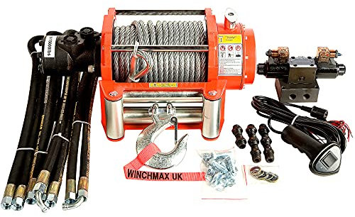 Winchmax Hydraulische Seilwinde, 6.804 kg, Orange, 25 m x 12 mm, verzinktes Stahlseil, 1/2 Zoll gesenkgeschmiedeter Gabelkopfhaken, 24 V CETOP 3 hydraulisches Steuersystem