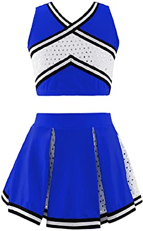 Alvivi Mädchen Cheer Leader Kostüm Cheerleading Uniform Crop Top mit Rock Schulmädchen Tanzkostüm Halloween Karneval Fasching Partykleid Royal Blau 146-152