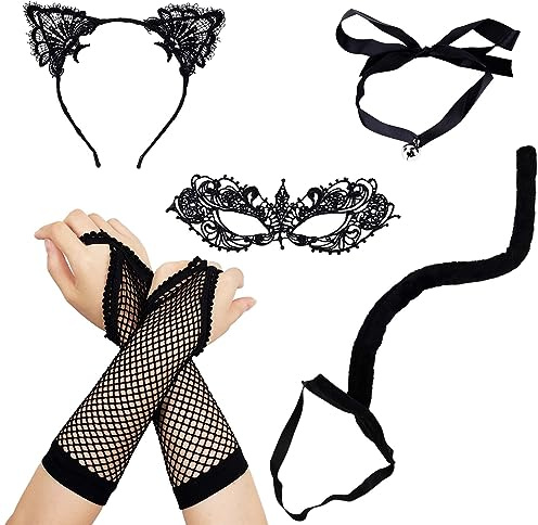 Black Cat Costume Accessories for Women, Black Cat Ears and Tail Set Adults with Masquerade Mask Necklace Net Gloves Black Cat Halloween Costume for Women Cosplay Party Dressing Up
