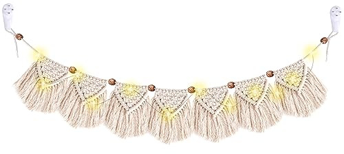 YAKLEE Tapiz de Pared de Macramé 132x 14cm Tapiz Colgante Pared de Macrame Boho con 1 Luces LED para Decorar Salón, Dormitorio, Boda, Banner de Guirnalda Flecos para Adornar Pared Habitacion