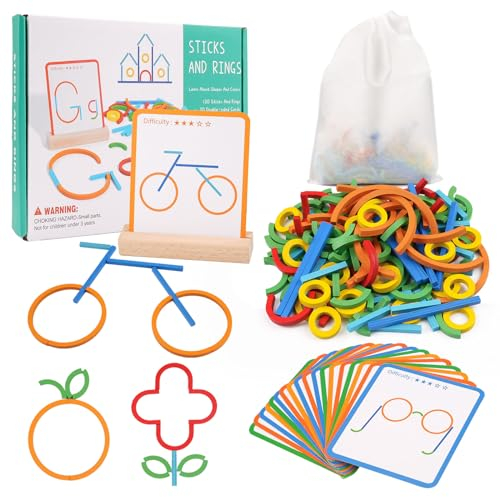 Montessori Spielzeug ab 3 Jahre, Vorschule Lernspiele, 120 Holz Sticks und Ringe 20 Karten, Form Farberkennung Montessori Steckpuzzle, Geschenk zur Einschulung für Jungen und Mädchen