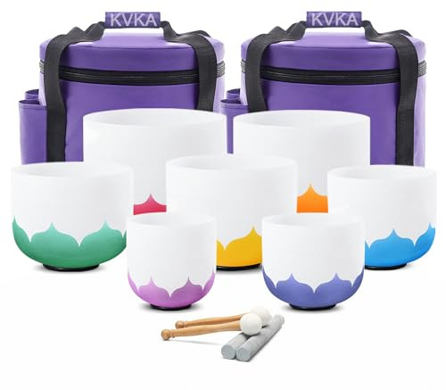 KVKA Kristall-Klangschalen Set, 6-12 inch 432Hz Lotus Chakra Sound Healing Klangschalen für Meditation Yoga Stressabbau Schlafhilfe Energiearbeit mit Tragetasche