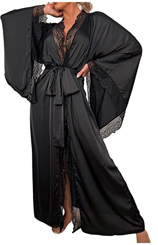Morgonrock dam satin spets – nattlinne dam sexig satin badrock långärmad sidennattskjorta andas hemmadräkt mysig loungewear transparent klänning elegant pyjamas med linning lång topp